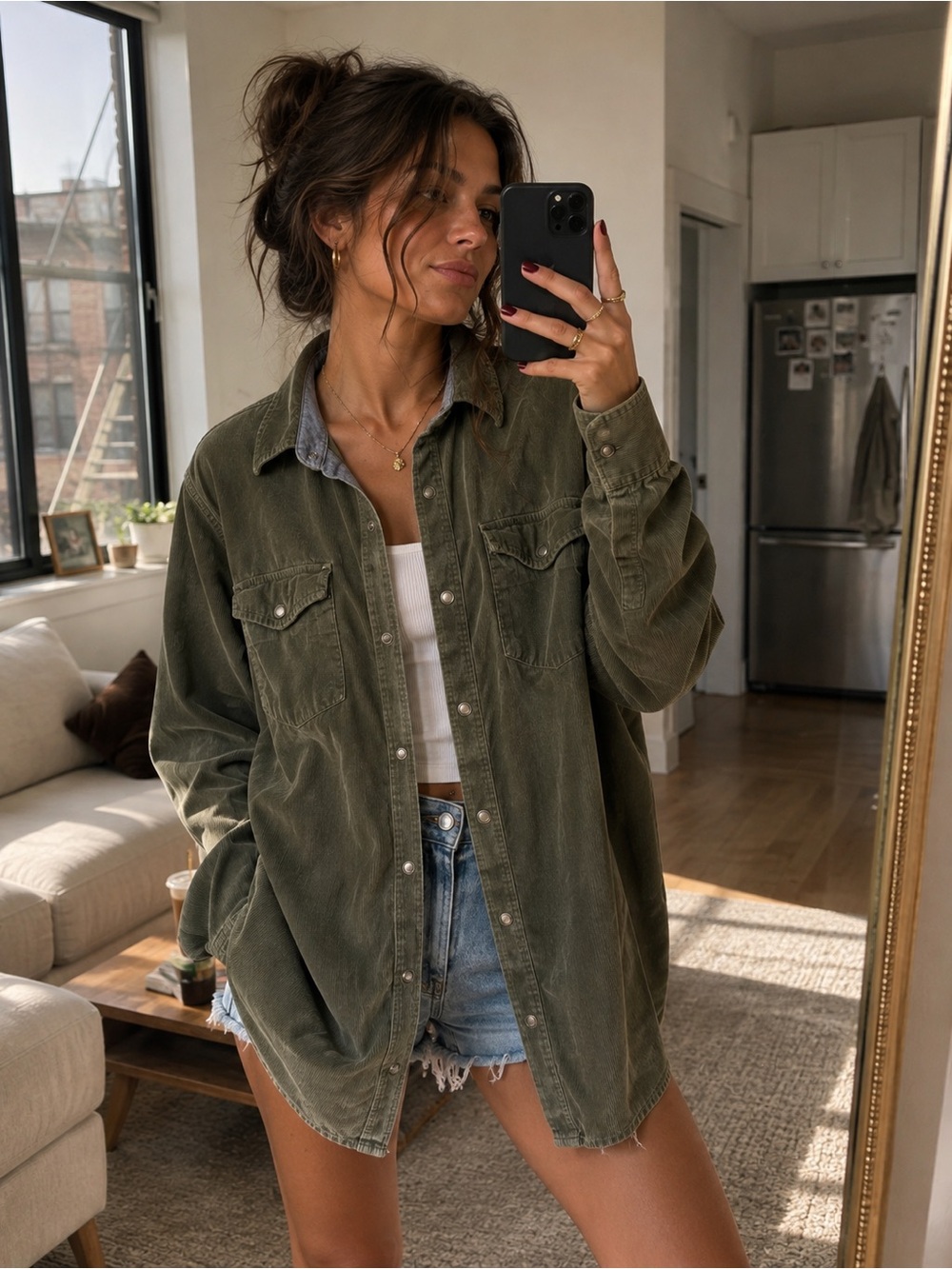 Men's Olive Green Corduroy Button-Down Shirt Jacket
